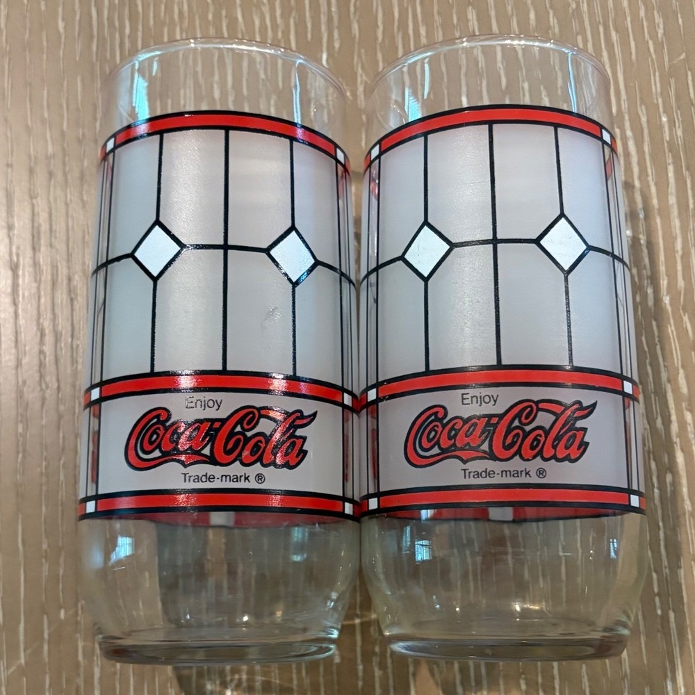 Vintage Coca-Cola Stained Glass Window Design Tumblers Set of 2‎ 6" Glasses